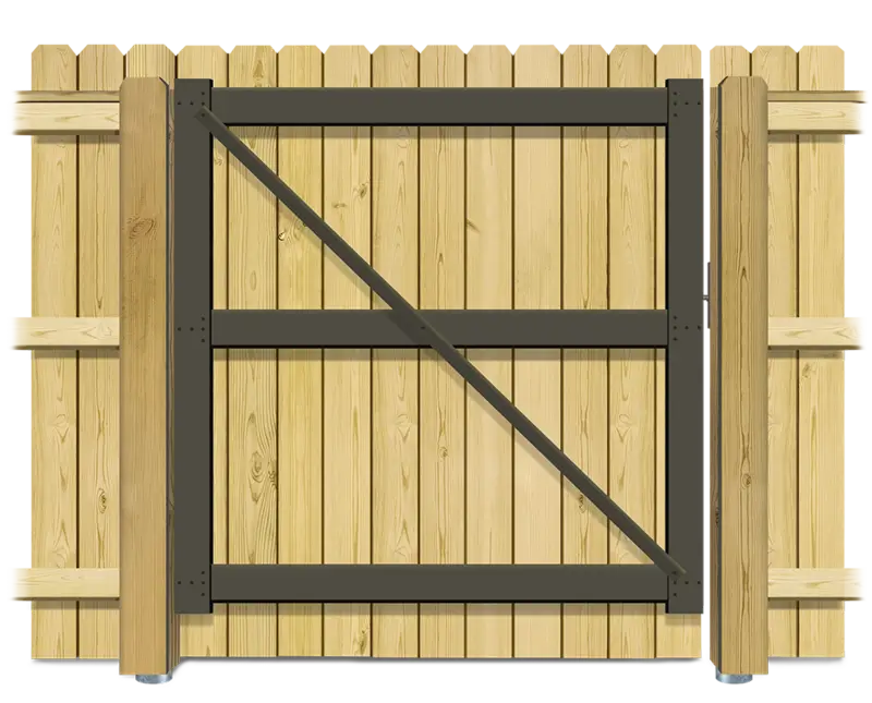 Wood fence access gate with metal support frame
